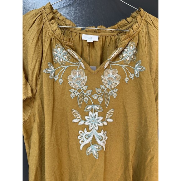 NWT J. Jill Top Women's LP Mustard Embroidered Floral Short Sleeve - Picture 2 of 5